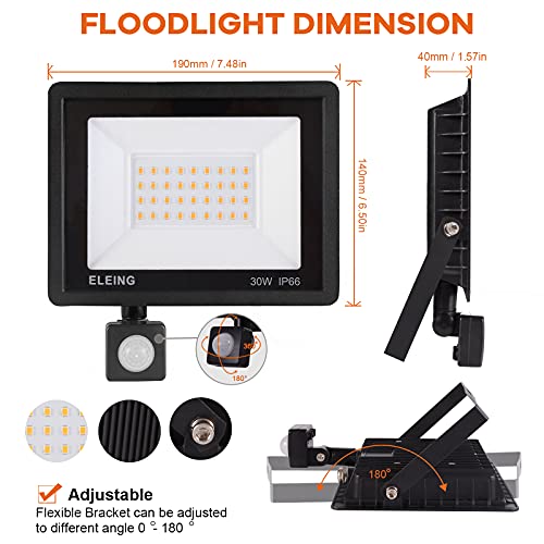 Foco LED de 30W con sensor de movimiento, luz de seguridad inteligente LED para exteriores 2400LM IP66 a prueba de agua, 6000K blanco frío, adecuado para paso, patio