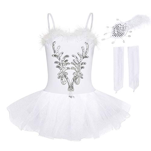 FONLAM Vestido Maillot de Ballet Tutú Niña, Blanco, 7-8 años