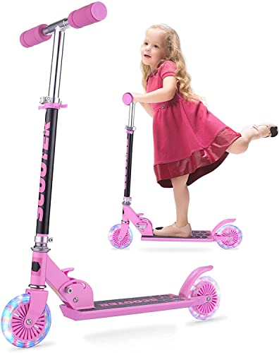 FONTE KS1 - Patinete Infantil Plegable con Ruedas iluminadas respetuosas con el Medio Ambiente, 4 Alturas Ajustables para niños de 3 a 12 años, con Carga máxima de 50 kg, Color Rosa