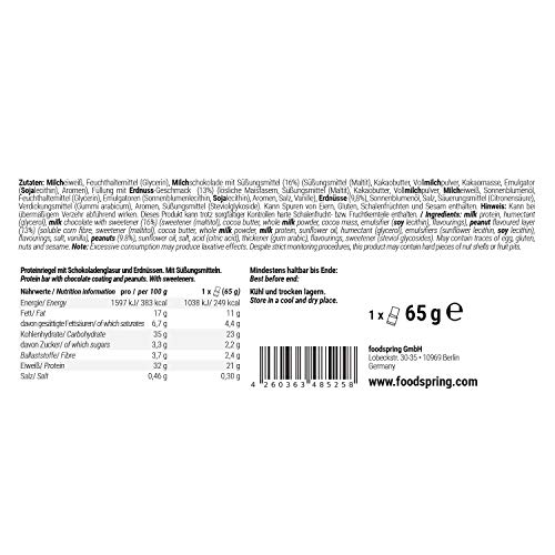 foodspring Barritas De Proteína Extra Choco, Crunchy Peanut, 12 x 65g, El snack alto en proteínas con chocolate real y menos azúcar