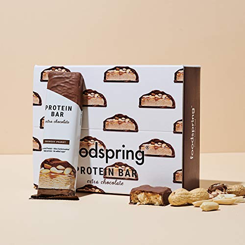 foodspring Barritas De Proteína Extra Choco, Crunchy Peanut, 12 x 65g, El snack alto en proteínas con chocolate real y menos azúcar