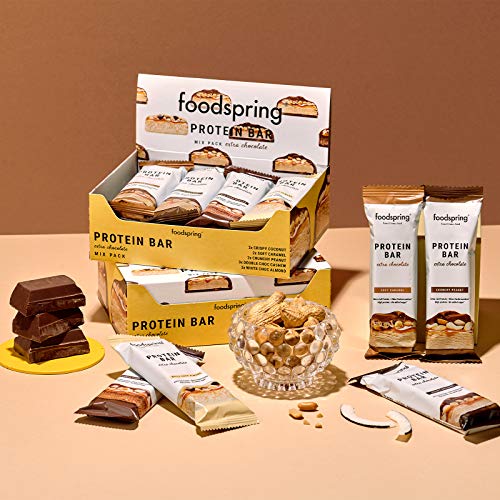 foodspring Barritas De Proteína Extra Choco, Crunchy Peanut, 12 x 65g, El snack alto en proteínas con chocolate real y menos azúcar