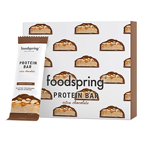 foodspring Barritas De Proteína Extra Choco, Crunchy Peanut, 12 x 65g, El snack alto en proteínas con chocolate real y menos azúcar