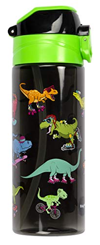 Fringoo - Botella de agua resistente y práctica para niños con pajita, sin BPA, botella de viaje o botella de agua deportiva para niños - 600 ml - patinadores de dinosaurios