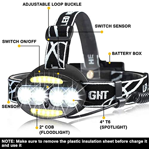 Frontal Led Recargable, 3000LM USB Recargable Linterna Cabeza con 5 Modos, Luz Rojo de Advertencia y 90° Ajustable, Súper Brillante Linterna Frontal para Ciclismo, Caza, Pesca, Camping