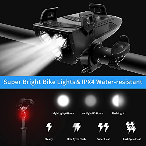 Fulabo Luz Bicicleta, 3 LED 4000 mAh Bicicleta USB Recargable Impermeables Luces Delantera y Trasera con Soporte Para Teléfono con Altavoz de Potencia Móvil,Luz Bici de Montaña y Luz Bici Trasera