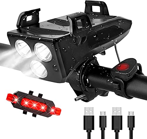 Fulabo Luz Bicicleta, 3 LED 4000 mAh Bicicleta USB Recargable Impermeables Luces Delantera y Trasera con Soporte Para Teléfono con Altavoz de Potencia Móvil,Luz Bici de Montaña y Luz Bici Trasera