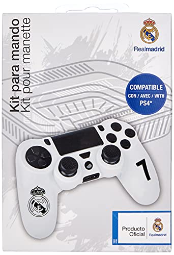 Funda protectora de silicona para mando PS4 - Carcasa blanda antideslizante con Thumb grips caps de precisión para joysticks – Accesorios videojuegos con licencia oficial Real Madrid