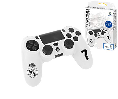 Funda protectora de silicona para mando PS4 - Carcasa blanda antideslizante con Thumb grips caps de precisión para joysticks – Accesorios videojuegos con licencia oficial Real Madrid