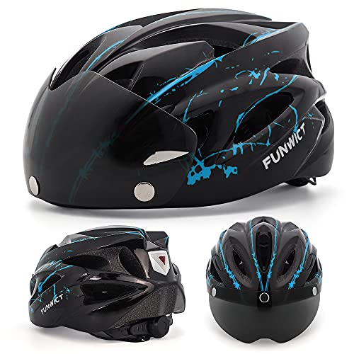 FUNWICT Casco Bicicleta con Gafas Magnéticas Casco Bici de Montaña Ligera LED Casco Bicicleta de Carretera para Mujer Hombre Casco MTB Ligero 57-61 cm (BKInkBlue)