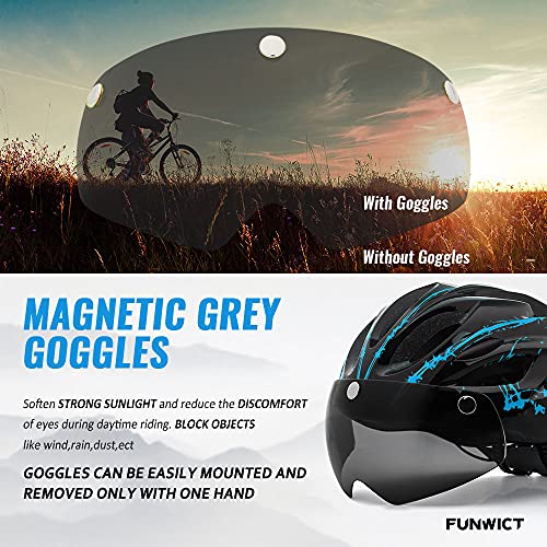 FUNWICT Casco Bicicleta con Gafas Magnéticas Casco Bici de Montaña Ligera LED Casco Bicicleta de Carretera para Mujer Hombre Casco MTB Ligero 57-61 cm (BKInkBlue)