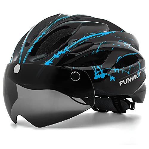 FUNWICT Casco Bicicleta con Gafas Magnéticas Casco Bici de Montaña Ligera LED Casco Bicicleta de Carretera para Mujer Hombre Casco MTB Ligero 57-61 cm (BKInkBlue)