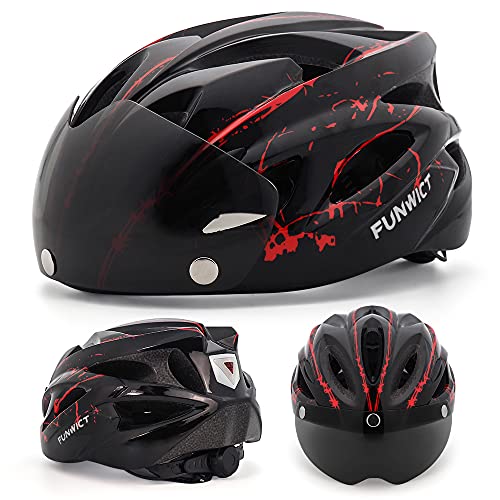 FUNWICT Casco Bicicleta con Gafas Magnéticas Casco Bici de Montaña Ligera LED Casco Bicicleta de Carretera para Mujer Hombre Casco MTB Ligero 57-61 cm (BKInkRed)