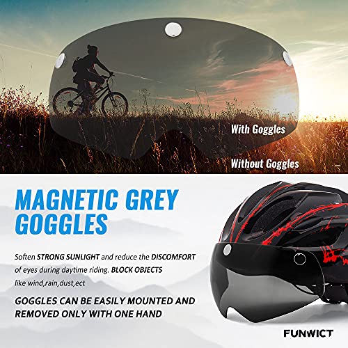 FUNWICT Casco Bicicleta con Gafas Magnéticas Casco Bici de Montaña Ligera LED Casco Bicicleta de Carretera para Mujer Hombre Casco MTB Ligero 57-61 cm (BKInkRed)