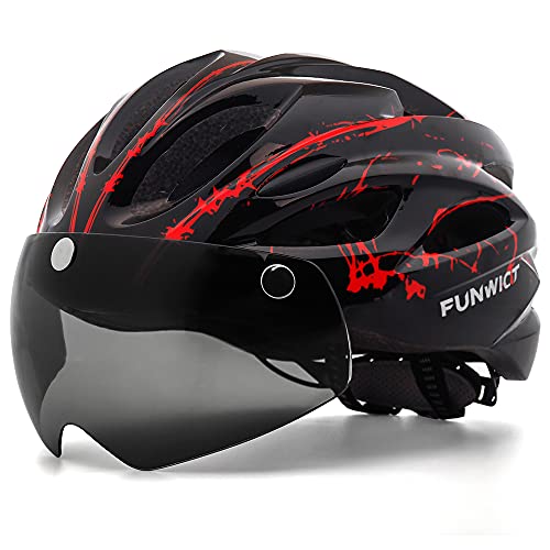 FUNWICT Casco Bicicleta con Gafas Magnéticas Casco Bici de Montaña Ligera LED Casco Bicicleta de Carretera para Mujer Hombre Casco MTB Ligero 57-61 cm (BKInkRed)