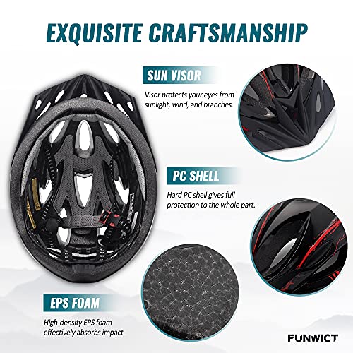 FUNWICT Casco Bicicleta con Visera Removable Casco Bicicleta de Montaña con Luz Trasera para Hombre Mujer Ciclismo Casco Adecuado para Circunferencia de Cabeza 57-61 cm