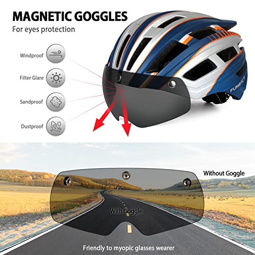 FUNWICT Casco Bicicleta Hombre Casco MTB con Gafas Magnéticas Extraíbles y Forro Interior Casco Bicicleta con Luz Trasera LED para Ciclismo 57-61 CM (Plata Azul)