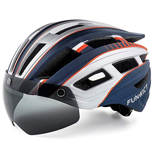 FUNWICT Casco Bicicleta Hombre Casco MTB con Gafas Magnéticas Extraíbles y Forro Interior Casco Bicicleta con Luz Trasera LED para Ciclismo 57-61 CM (Plata Azul)