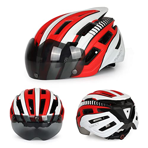 FUNWICT Casco Bicicleta Hombre Casco MTB con Gafas Magnéticas Extraíbles y Forro Interior Casco Bicicleta con Luz Trasera LED para Ciclismo 57-61 CM (Blanco Rojo)