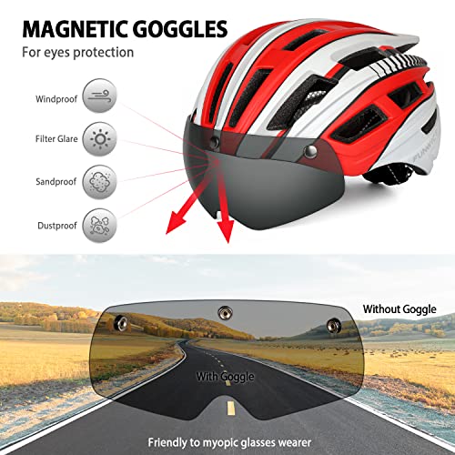 FUNWICT Casco Bicicleta Hombre Casco MTB con Gafas Magnéticas Extraíbles y Forro Interior Casco Bicicleta con Luz Trasera LED para Ciclismo 57-61 CM (Blanco Rojo)