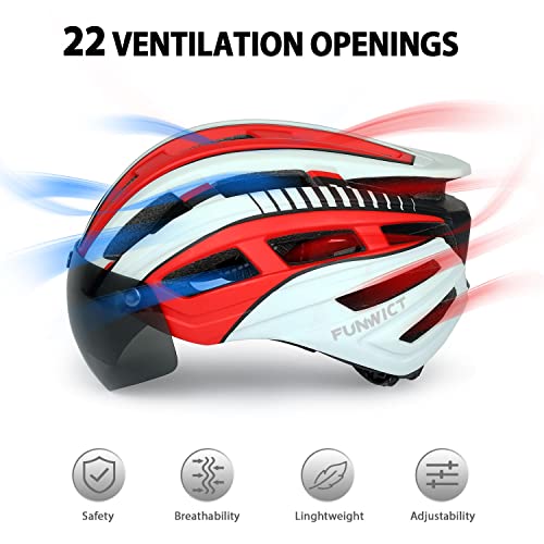 FUNWICT Casco Bicicleta Hombre Casco MTB con Gafas Magnéticas Extraíbles y Forro Interior Casco Bicicleta con Luz Trasera LED para Ciclismo 57-61 CM (Plata Azul)