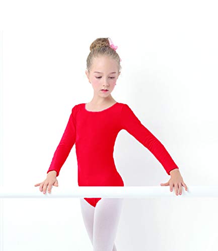 furein Maillot de Danza Ballet Gimnasia Leotardo Body Clásico Elástico para Niña de Manga Larga Cuello Redondo (12 años, Rojo)