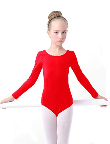 furein Maillot de Danza Ballet Gimnasia Leotardo Body Clásico Elástico para Niña de Manga Larga Cuello Redondo (12 años, Rojo)