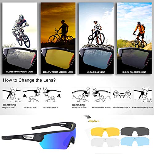Gafas Ciclismo Polarizadas con 5 Lentes Intercambiables Gafas de Sol Deportivas Antivaho Antireflejo Anti Viento y UV Adaptadas a Deporte Carrera Running Bicicleta MTB para Hombre y Mujer (Azul)