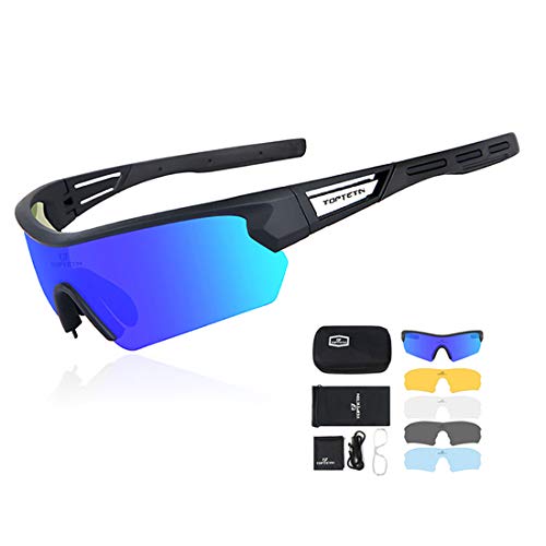 Gafas Ciclismo Polarizadas con 5 Lentes Intercambiables Gafas de Sol Deportivas Antivaho Antireflejo Anti Viento y UV Adaptadas a Deporte Carrera Running Bicicleta MTB para Hombre y Mujer (Azul)