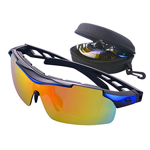 Gafas de Ciclismo Unisex Gafas de Sol de Deportivas Bici Polarizadas 5 Lentes Intercambiables para Hombre y Mujer Deporte Bicicleta Ciclismo Montaña MTB Conducir Pesca Ski Esquiar Golf Correr (Azul)