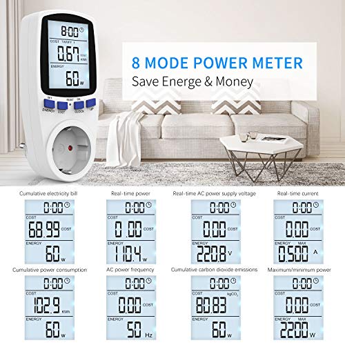 Gafild Medidor de consumo de corriente del medidor de energía, Monitor Contador de Electricidad con Pantalla LCD Retroiluminada, protección contra sobrecarga (Multi-rate)