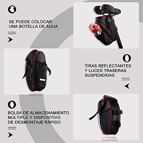 Gallao Bolsa Bicicleta Sillín de Impermeable de Material Especial Reflectante,Kit Parches Bici Autoadhesivo Reparación Neumáticos para MTB Bici Carretera Montaña Compatible con Botella de Agua