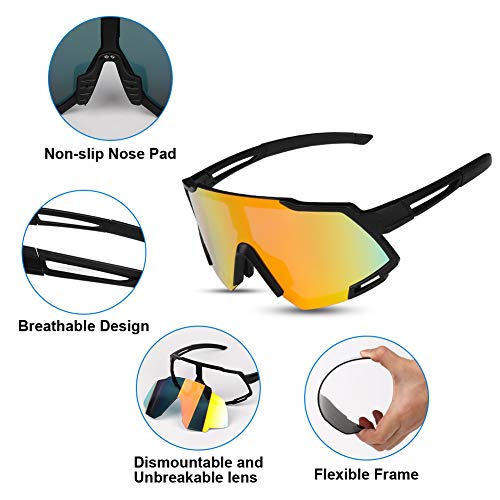 GARDOM Gafas de Ciclismo Hombres Mujeres, Gafas de Sol Deportivas con 5 Lentes Intercambiable para Correr Pescar Escalar Esquiar Vacaciones