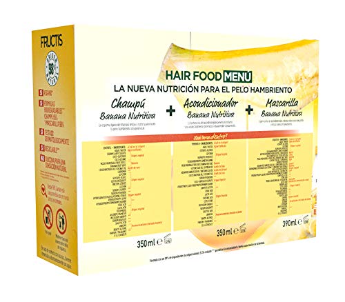 Garnier Fructis Hair Food Pack Banana Nutritiva con Champú, Acondicionador y Mascarilla. Limpia, Desenreda y Nutre, Para Cabello Seco, Fórmula Vegana, Sin Siliconas