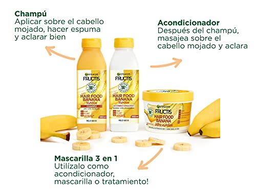 Garnier Fructis Hair Food Pack Banana Nutritiva con Champú, Acondicionador y Mascarilla. Limpia, Desenreda y Nutre, Para Cabello Seco, Fórmula Vegana, Sin Siliconas