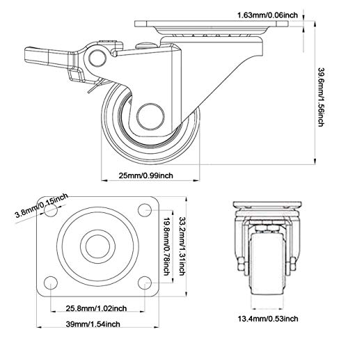 GBL Ruedas para Muebles Pesados con 2 Freno + Tornillos - 25mm Hasta 40kg - 4 Rueda que No Dejan Marcas de Alta Resistencia - Ruedas Giratorias Pequeñas para Palets Engomadas