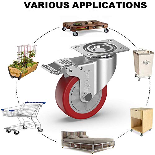 GBL Ruedas para Muebles Pesados con 4 Freno + Tornillos - 100mm Hasta 600kg - 4 Rueda que No Dejan Marcas de Alta Resistencia - Ruedas Giratorias Grandes para Palets Engomadas