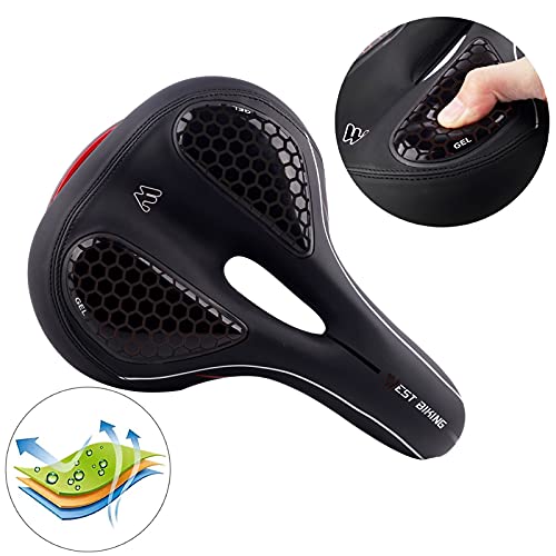 GCBTECH Sillín de bicicleta de gel, cómodo asiento ancho para hombre y mujer, sillín suave con abrazadera de sillín para bicicleta de montaña de color negro