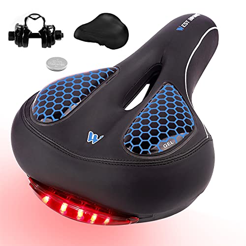 GCBTECH Sillín de Bicicleta Gel cómodo con LED luz Trasera, Asiento de Bici Antiprostático Impermeable y Transpirable para Hombre y Mujer para Carretera, MTB, Montaña, Urbana, Ciudad. azúl