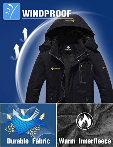 GEMYSE Chaqueta de Esquí Impermeable de Montaña para Hombre Abrigo de Invierno de Lana Antiviento con Capucha (Negro,L)