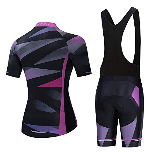 GET Conjunto de Maillot de Ciclismo de Manga Corta para Mujer, Tops Ajustados con Cremallera Completa + Culotte Corto Kit Ropa de Bicicleta de Verano Trajes de Ciclismo MTB (Color : A, Talla : L)