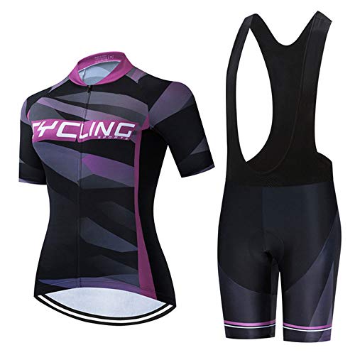 GET Conjunto de Maillot de Ciclismo de Manga Corta para Mujer, Tops Ajustados con Cremallera Completa + Culotte Corto Kit Ropa de Bicicleta de Verano Trajes de Ciclismo MTB (Color : A, Talla : L)