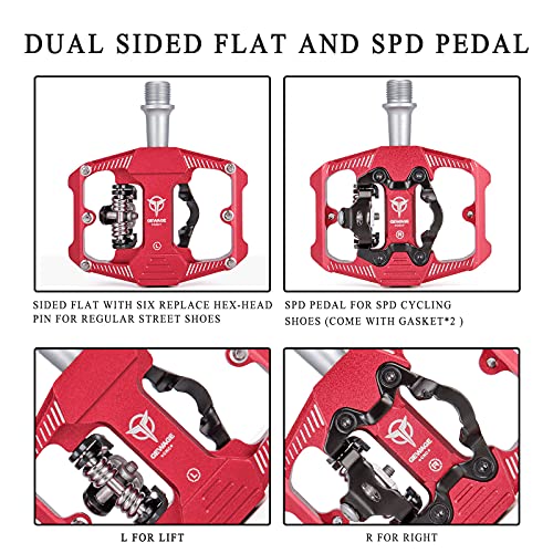 GEWAGE Pedales de bicicleta SPD, pedales de bicicleta de montaña, pedales de dos lados SPD, plataforma ancha antideslizante con 3 rodamientos, pedales ligeros de aluminio de 9/16 pulgadas