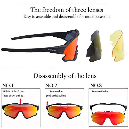 GIEADUN Gafas Ciclismo Polarizadas con 3 Lentes Intercambiables UV 400 Gafas,Corriendo,Moto MTB Bicicleta Montaña,Camping y Actividades al Aire Libre para Hombres y Mujeres TR-90 (Negro)