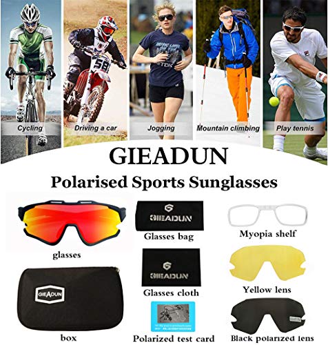 GIEADUN Gafas Ciclismo Polarizadas con 3 Lentes Intercambiables UV 400 Gafas,Corriendo,Moto MTB Bicicleta Montaña,Camping y Actividades al Aire Libre para Hombres y Mujeres TR-90 (Negro)