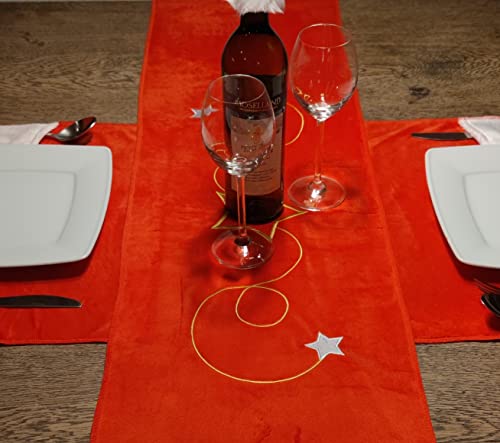 GlitzerEngel Camino de mesa de terciopelo rojo para Navidad, camino de mesa con aplicaciones navideñas, camino de mesa de Navidad, para mesa de comedor, decoración, 32 x 175 cm