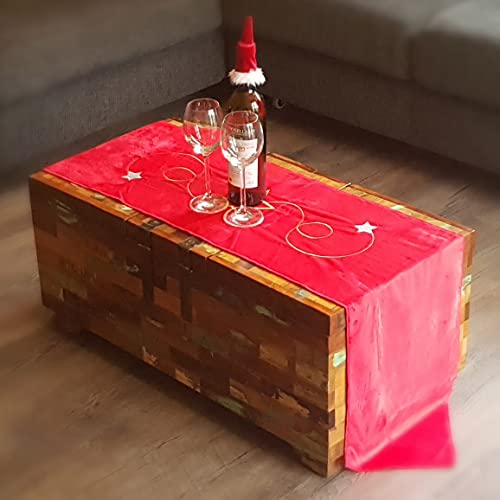 GlitzerEngel Camino de mesa de terciopelo rojo para Navidad, camino de mesa con aplicaciones navideñas, camino de mesa de Navidad, para mesa de comedor, decoración, 32 x 175 cm