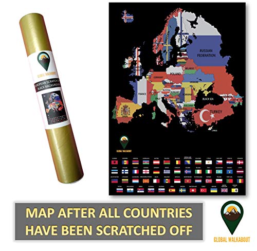 Global Walkabout Mapa de Europa con banderas de fondo – Póster de mapa europeo tamaño viaje de lujo – Países y hechos – Regalo de viaje (negro)