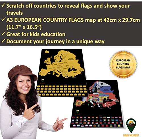 Global Walkabout Mapa de Europa con banderas de fondo – Póster de mapa europeo tamaño viaje de lujo – Países y hechos – Regalo de viaje (negro)