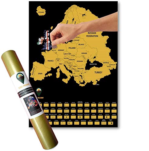 Global Walkabout Mapa de Europa con banderas de fondo – Póster de mapa europeo tamaño viaje de lujo – Países y hechos – Regalo de viaje (negro)